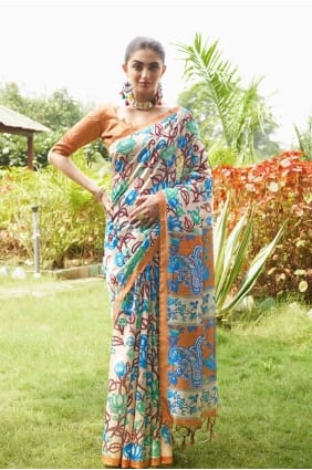 Saris moutarde avec soie Tussar imprimée SR27792