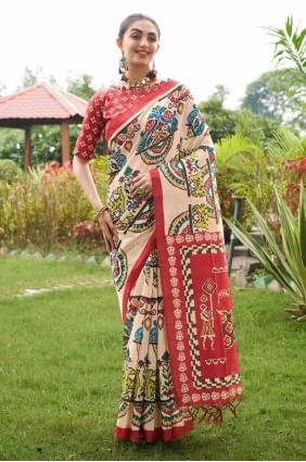 Sarare marron avec soie Tussar imprimée SR27794