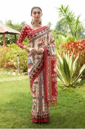 Sari en soie tussar imprimé marron avec chemisier SR27795