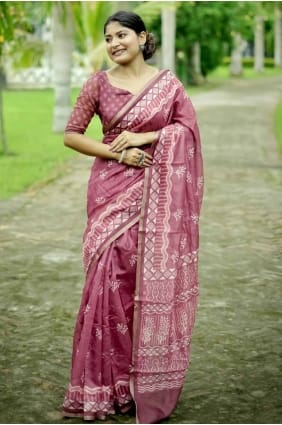 sari rouge en coton à impression numérique avec chemisier SR27799