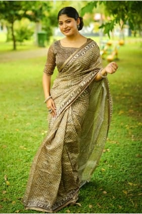 sari vert en coton imprimé numérique avec chemisier SR27800