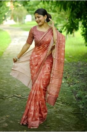 sari imprimé numérique en coton orange SR27801