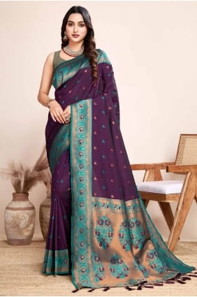 Sari violet en soie jacquard avec chemisier SR27807