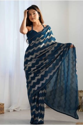 Sari en coton brodé à paillettes en bleu pétrole SR27810