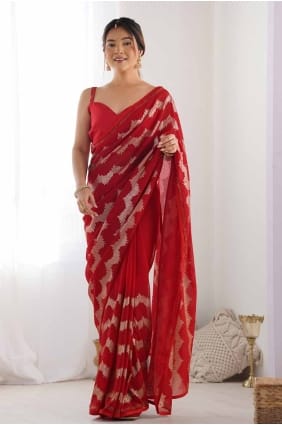 Sari en coton avec paillettes brodées en rouge SR27811