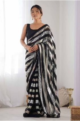 Sari en coton brodé à paillettes noires SR27813
