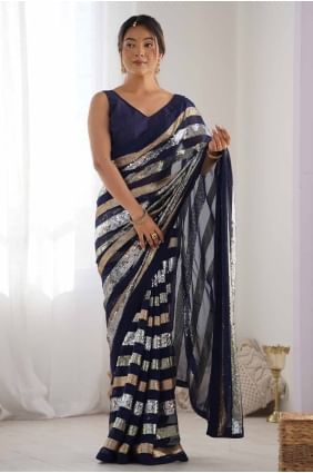 Sari en coton bleu avec broderies à paillettes SR27814