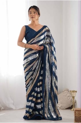 Sari en coton brodé à paillettes bleu pétrole avec chemisier SR27815