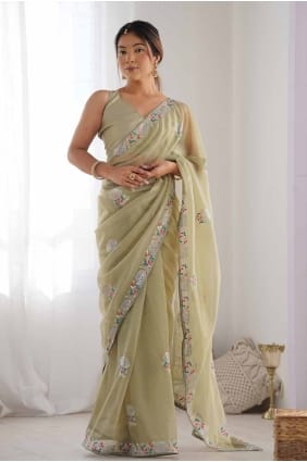 sari en filet brodé de paillettes en pista SR27819