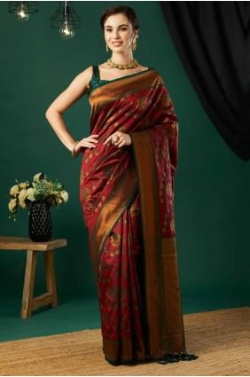 sari en soie de Banarasi marron avec tissage SR27824