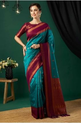 tissage de sari en soie banarasi en bleu aqua SR27827