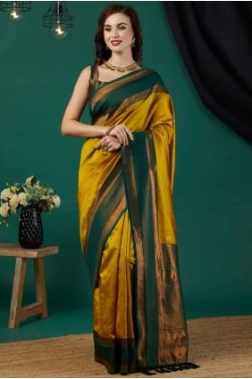 sari moutarde en soie banarasi en tissage SR27829