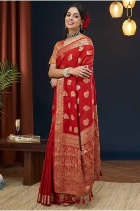 Sari en georgette rouge avec tissage SR27835