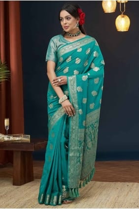 sari en georgette bleue avec tissage SR27844