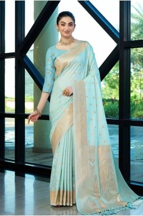 Saris bleu aqua avec tissage de soie banarasi SR27839