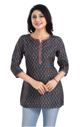 kurti en rayonne à imprimé numérique en bleu marine KTI2579