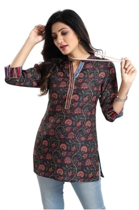 kurti noir à imprimé numérique en rayonne avec dupatta KTI2581
