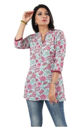 kurti en rayonne bleu ciel avec imprimé numérique KTI2582