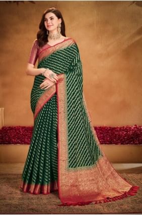 Saris en georgette avec tissage en vert SR27841