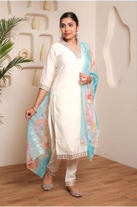 Salwar Kameez blanc cassé avec chanderi brodé SK154827
