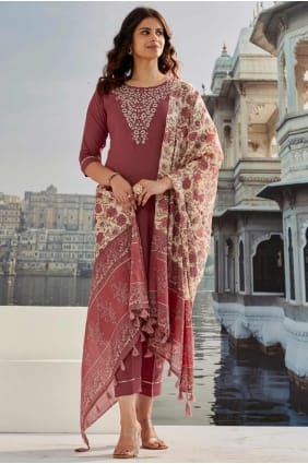 Salwar Kameez en coton brodé marron avec dupatta SK154830
