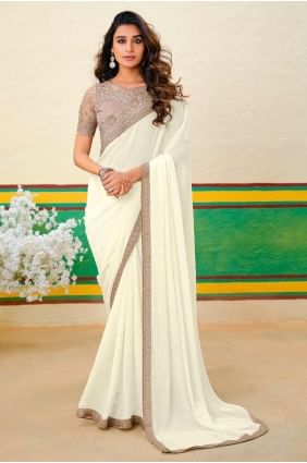 sari en georgette tissée blanc cassé SR27859
