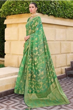 Saris jacquard vert avec tissage SR27861