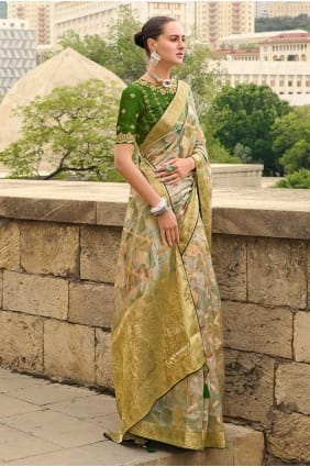 sari vert en jacquard avec tissage SR27870