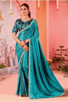 sari de fête en jacquard vert mer avec tissage SR27872