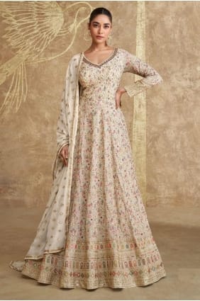 costume anarkali eid brodé en georgette beige avec dupatta AS4002