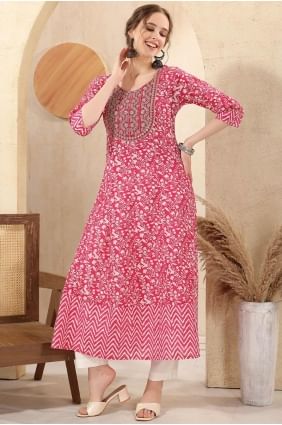 Kurti rose en coton avec broderie KTI2586