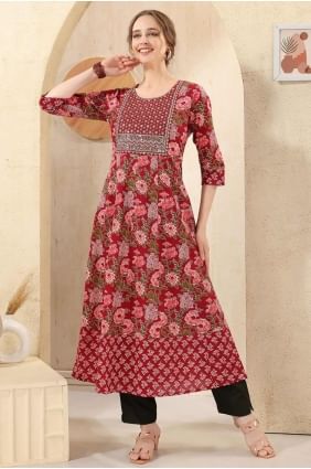 Kurti en coton marron brodé KTI2587