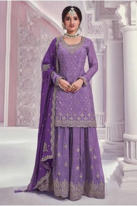 costume pakistanais en mousseline de soie avec broderie en violet SS1199