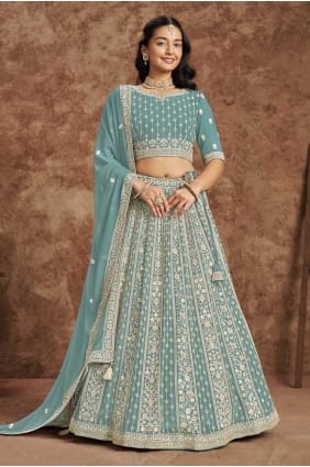 embroidered faux georgette lehenga choli in sky blue LC8175