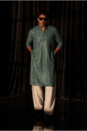 Viscose brodée Hommes Kurta en bleu cyan avec dupatta KURR374