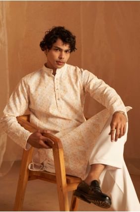Kurta jaune homme en viscose brodée KURR376