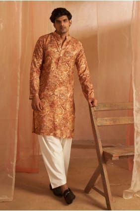 printed silk brown men kurta with dupatta KURR378