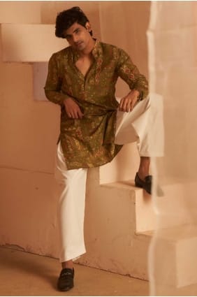 Kurta homme en soie imprimée verte avec dupatta KURR379