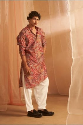 Kurta homme en soie rose imprimée avec dupatta KURR380