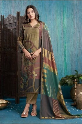 tailleur pantalon droit en viscose beige à imprimé numérique avec dupatta SK154867