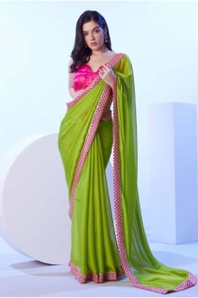 sari en crêpe vert avec dentelle SR27886