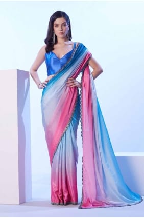 Saris en mousseline de soie en dentelle bleu SR27887