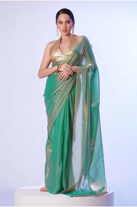 lace sari in sea green organza SR27889