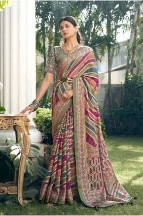 sari banarasi en georgette grise avec imprimé SR27920