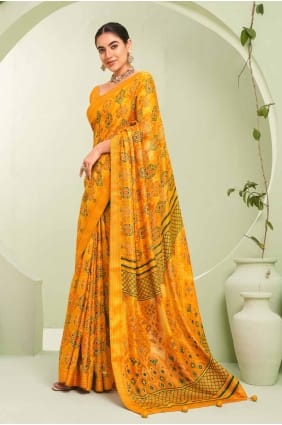 sari banarasi en georgette imprimée en jaune avec chemisier SR27922