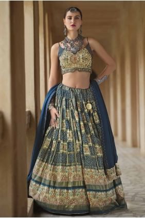 printed silk teal blue  party lehenga choli with dupatta LC8179