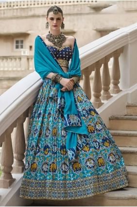 Costume Lehenga de soirée en soie imprimée bleu LC8182