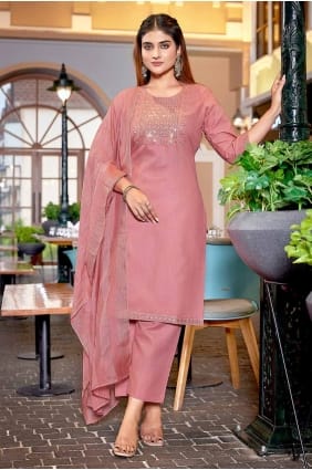 tailleur pantalon droit brodé en coton rose avec dupatta SK154906