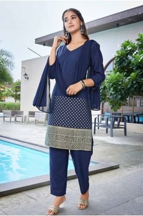 tailleur pantalon droit en crêpe imprimé numérique bleu marine SK154910