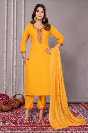 Tailleur pantalon droit jaune en coton brodé avec dupatta SK154916